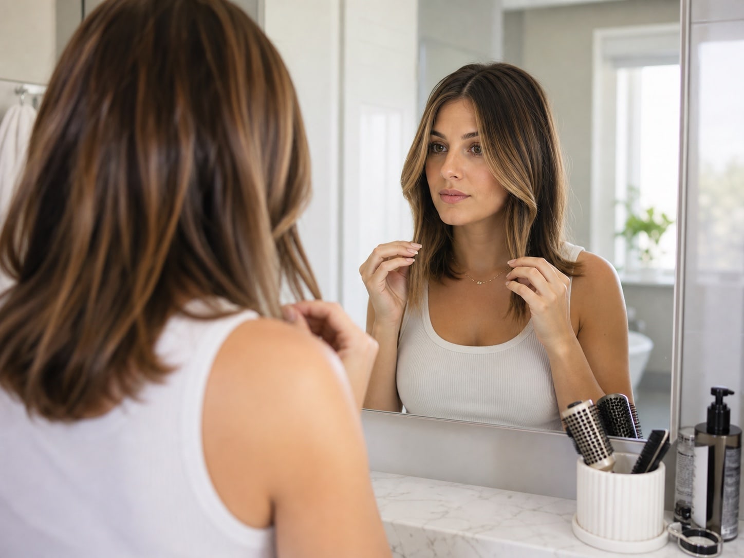 face-framing layers and fringe length check in a salon consultation